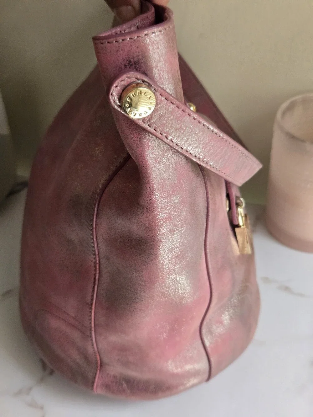 GUC Furla Pink Metallic Leather Hobo Bucket Bag With Strap